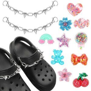 Silver Punk Alt Spike Croc Strap Chains + 10 Y2K Kawaii Glitter Croc Charms Jibb